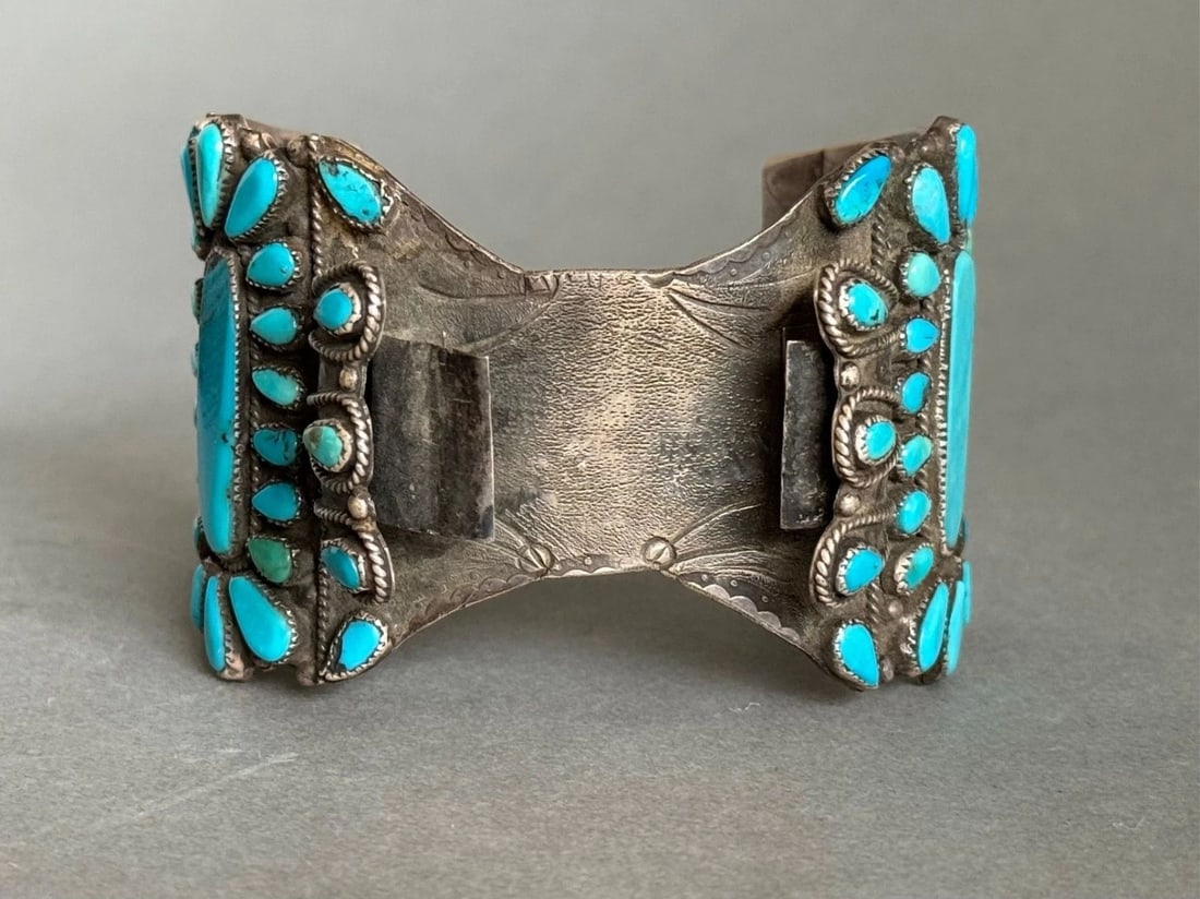 OLD PAWN NAVAJO LARGE STERLING SILVER AND TURQUOISE WATCH BRACELET SIGNED VMB (1 of 2)