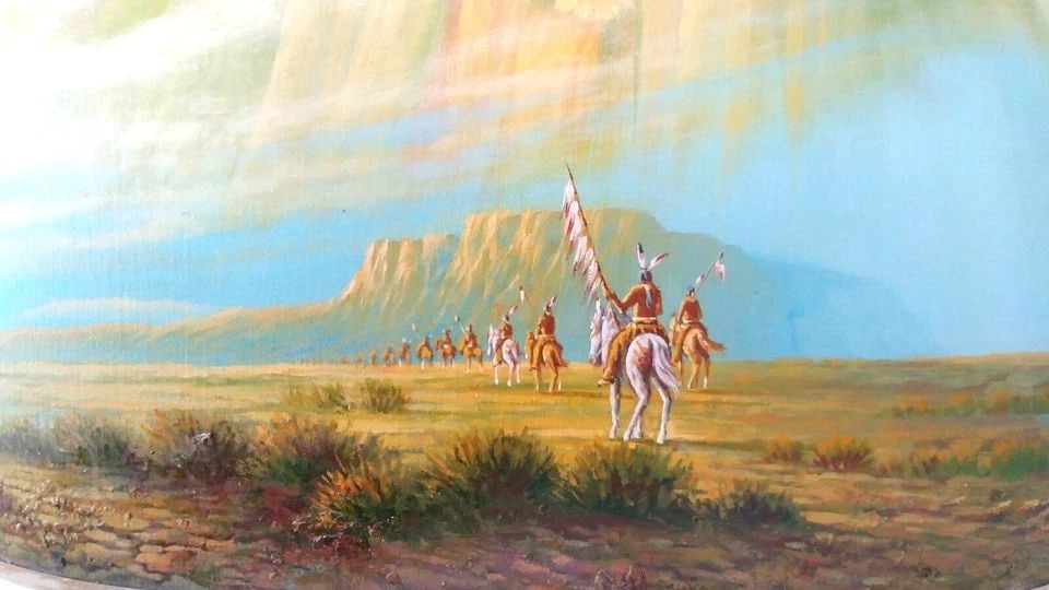 LARGE VINTAGE PAINTING - PLAINS INDIANS HORSEBACK NATIVE CHIEF IN SPIRIT PRAYER (1 of 1)