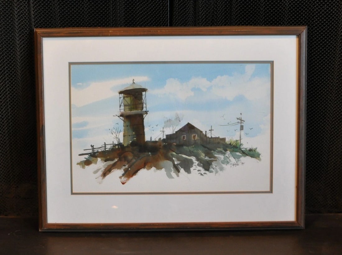 JACK LEE WATERCOLOR PAINTING - OLD HOUSE & WATER TOWER - CALIF. ARTIST JAKE LEE: JACK LEE WATERCOLOR PAINTING - OLD HOUSE & WATER TOWER - CALIF. ARTIST JAKE LEE Item Description: This watercolor painting shows an old water tower and a house on a hill. It was done by Chinese - Amer
