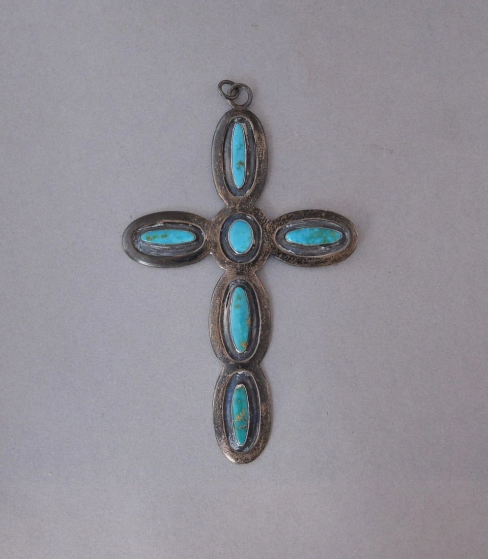 LARGE OLD PAWN NAVAJO SILVER CROSS PENDANT - BLUE GEM TURQUOISE - 4 1/8" TALL (1 of 1)