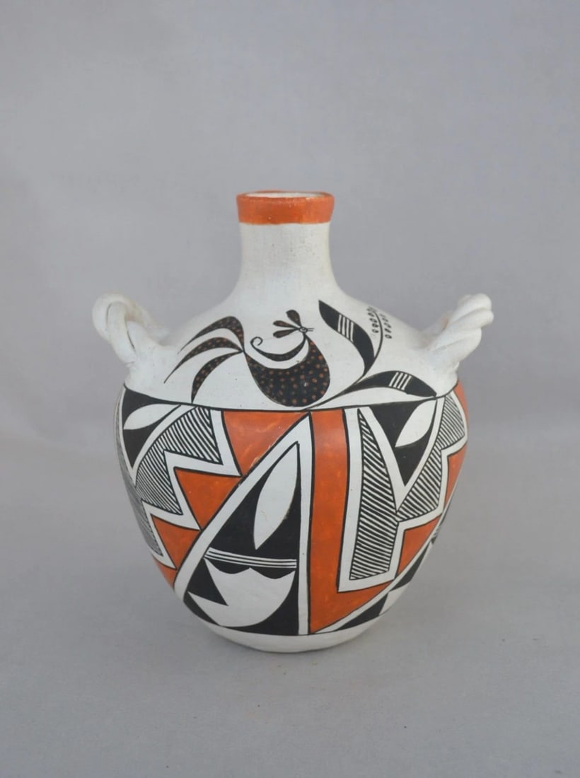 ELIZABETH WACONDA (1925-2007) - VINTAGE ACOMA JAR W. HANDLES -POT - PUEBLO BIRDS (1 of 2)