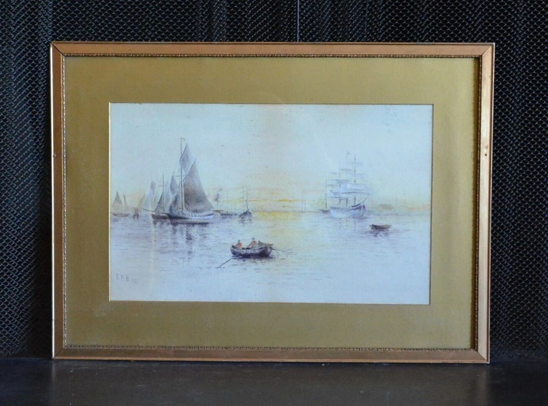 ANTIQUE WATERCOLOR PAINTING - SIGNED EDB 1898 - SAILING SHIPS IN HARBOR - FRAMED: ANTIQUE WATERCOLOR PAINTING - SIGNED EDB 1898 - SAILING SHIPS IN HARBOR - FRAMED This antique watercolor painting shows a glimpse into a busy harbor in the late 1800s. Sailing ships of different sizes