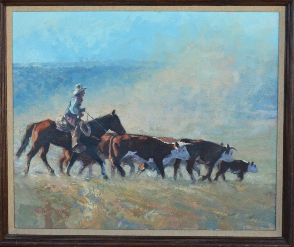 KELLY DANIEL - OIL PAINTING - COWBOY ON HORSE HERDING CATTLE , COWS- OPEN RANGE (1 of 1)