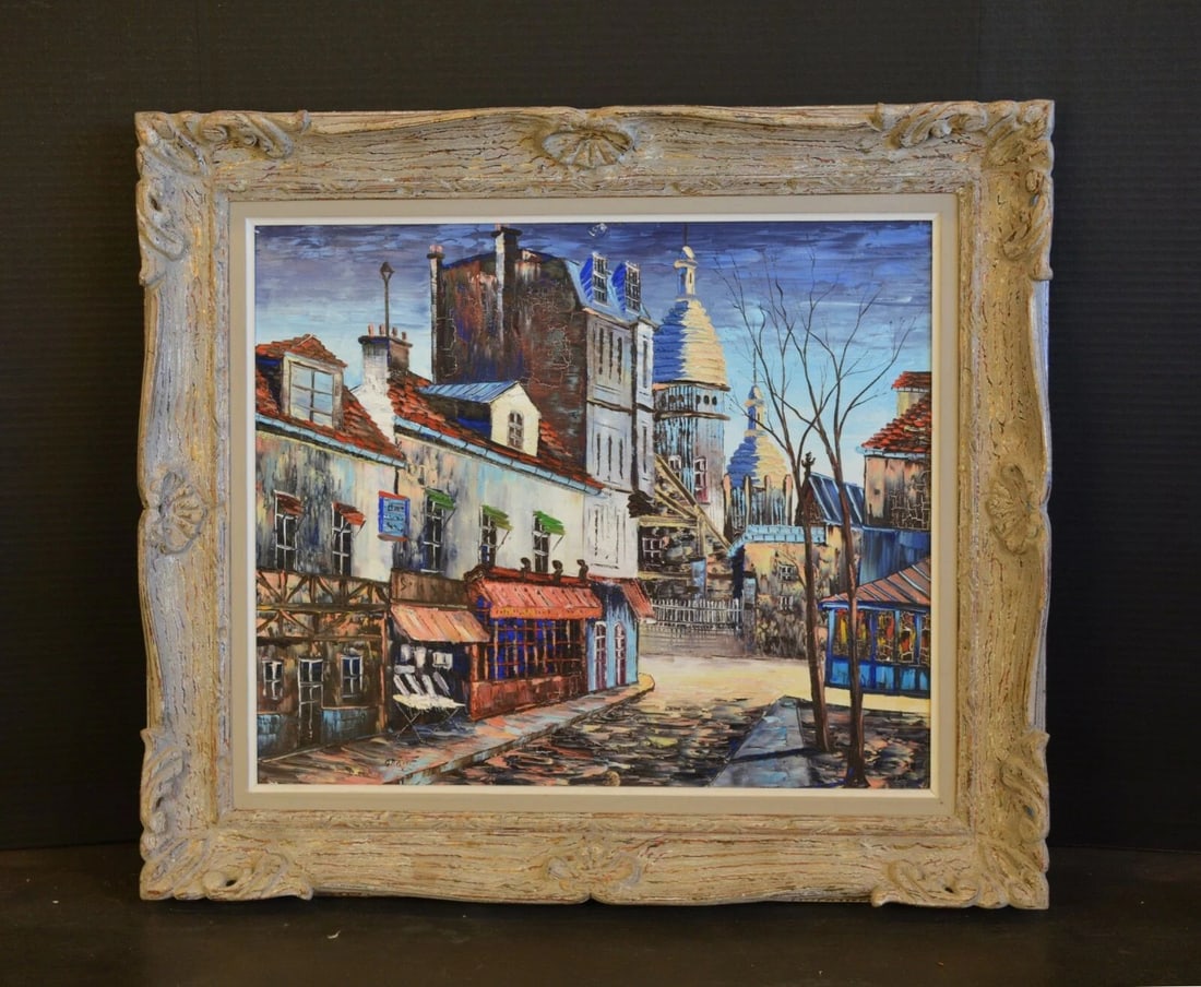 IMPRESSIONIST PAINTING - VIBRANT STREET SCENE MONTMARTRE - HISTORIC PARIS FRANCE: IMPRESSIONIST PAINTING - VIBRANT STREET SCENE MONTMARTRE - HISTORIC PARIS FRANCE Item Description: This vibrant impressionist painting shows a Paris street lined with shops in the historic Montmartre 
