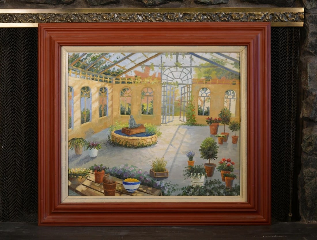 VINTAGE IMPRESSIONIST OIL PAINTING OF OUTDOOR ATRIUM GARDEN & SCULPTURE: VINTAGE IMPRESSIONIST OIL PAINTING OF OUTDOOR ATRIUM GARDEN & SCULPTURE Item Description: This vintage painting invites you into a beautiful outdoor glass roofed atrium garden / greenhouse. The painti