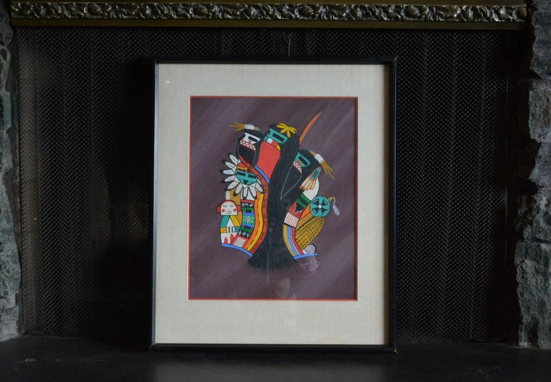 GILBERT A. TYMA - HOPI PAINTING - KACHINA GROUP W. CORN, RATTLE, GRANDMOTHER: GILBERT A. TYMA - HOPI PAINTING - KACHINA GROUP W. CORN, RATTLE, GRANDMOTHER This painting was done by Hopi artist Gilbert A. Tyma. His work generally dates to the 1970s-80s. It shows a dynamic groupi