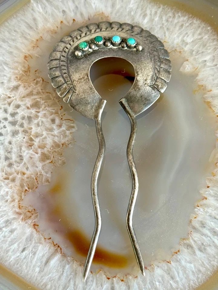 RARE OLD PAWN NAVAJO STERLING SILVER AND TURQUOISE HAIR PIN (1 of 1)