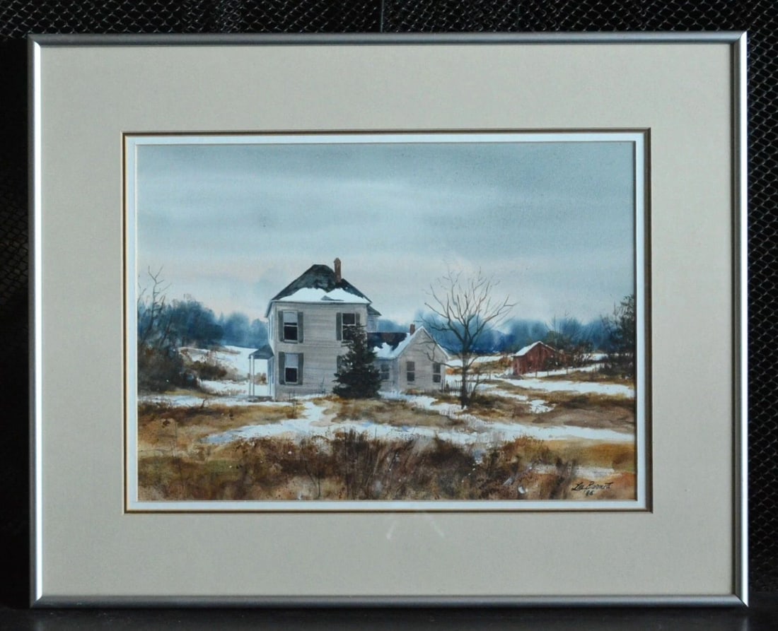 LES BARNETT - WATERCOLOR PAINTING - OLD MONTANA FARM HOUSE IN SNOW - FRAMED: LES BARNETT - WATERCOLOR PAINTING - OLD MONTANA FARM HOUSE IN SNOW - FRAMED This evocative winter watercolor painting was done by Montana artist Les Barnett. It shows an old Two Story Farmhouse in Win