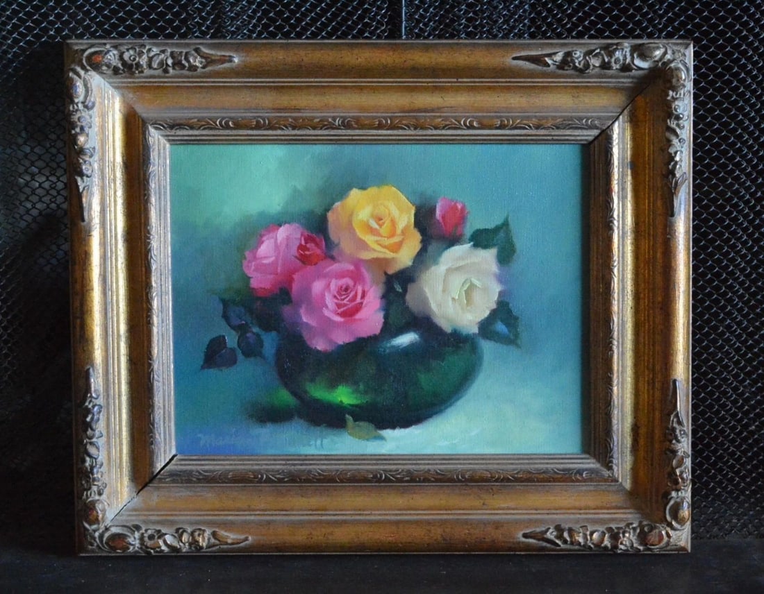 MARION BARNETT (1913-1978) STILL LIFE OIL PAINTING YELLOW PINK ROSES IN VASE (1 of 1)