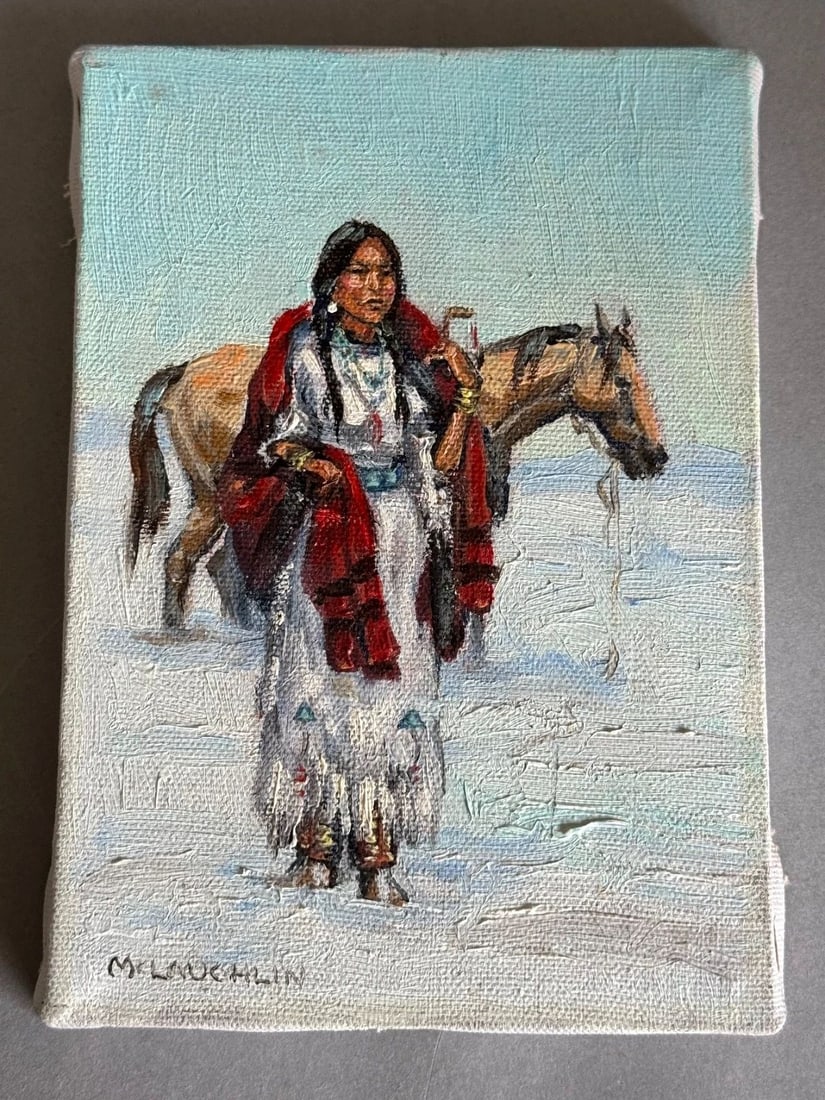 NANCY MC LAUGHLIN 1932-1985 LAKOTA WOMAN WITH HORSE OIL ON CANVAS ..5X7 (1 of 2)