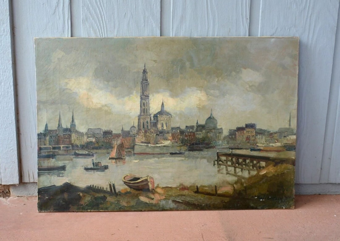 ANTIQUE VINTAGE OIL PAINTING - OLD EUROPEAN SEAPORT CITYSCAPE: ANTIQUE VINTAGE OIL PAINTING - OLD EUROPEAN SEAPORT CITYSCAPE This antique oil painting shows a European harbor or seaport with sailing ships and boats on the water. It is signed Wilhelm in the lower 