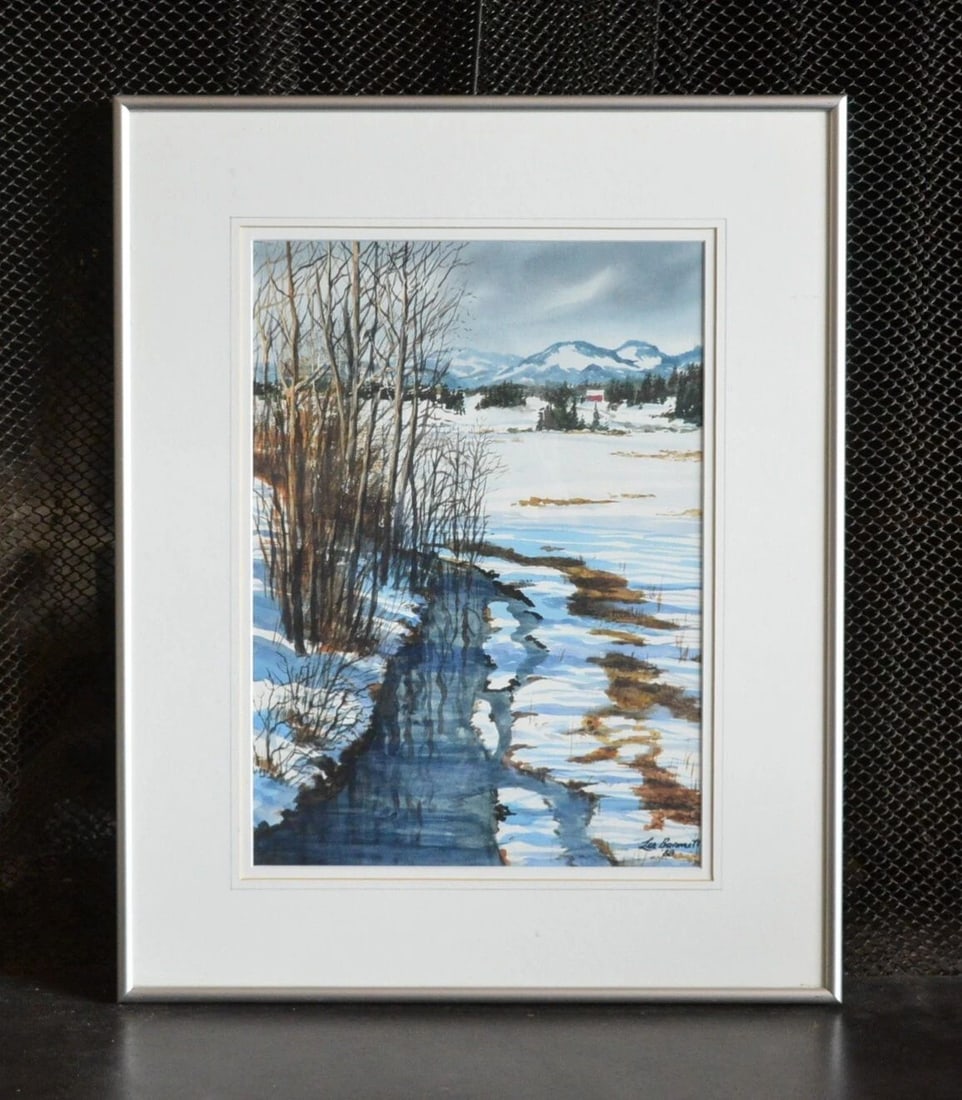 LES BARNETT - WATERCOLOR PAINTING - MONTANA WINTER MOUNTAIN LANDSCAPE - FRAMED (1 of 2)