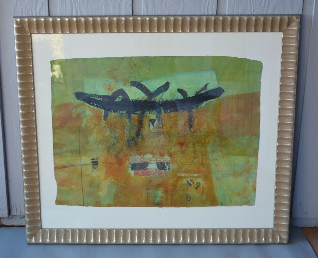 LG FRAMED VINTAGE ABSTRACT PAINTING ON PAPER - JAPANESE PAGODA - KAREN LESNIAK (1 of 1)