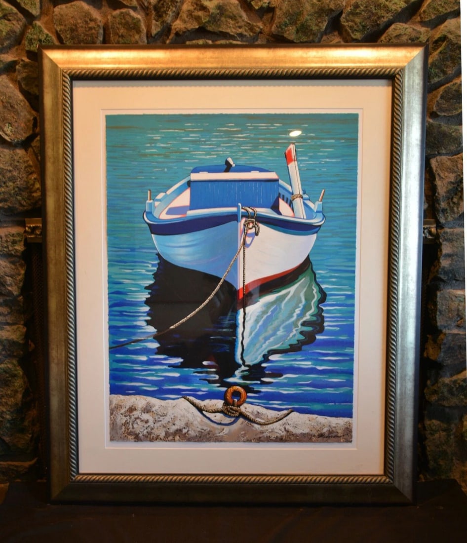 BOAT DOCKED - LG FRAMED SAPPHIRE SERIGRAPH - IGOR MEDVEDEV - "WIND NORWEGIAN" (1 of 1)