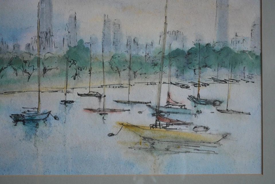 J. SULLIVAN - WATERCOLOR PAINTING - SAILBOATS CITY SCAPE - MONROE HARBOR CHICAGO (1 of 1)