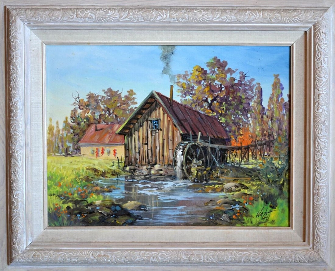 VINTAGE IMPRESSIONIST PAINTING - OLD FLOUR MILL BARN IN FALL - WATER WHEEL: VINTAGE IMPRESSIONIST PAINTING - OLD FLOUR MILL BARN IN FALL - WATER WHEEL Item Description: This colorful impressionist painting shows an old country flour mill. It looks to be fall with the leaves t