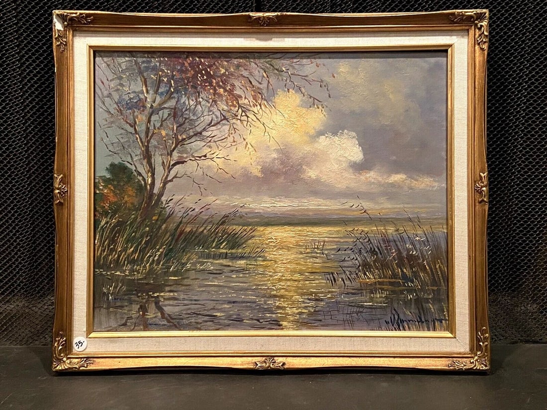 VINTAGE ANTIQUE LANDSCAPE OIL PAINTING - COASTAL SUNRISE SUNSET OVER LAKE: VINTAGE ANTIQUE LANDSCAPE OIL PAINTING - COASTAL SUNRISE SUNSET OVER LAKE Item Description: This vintage painting shows a peaceful landscape of a lake at sunrise or sunset. It is signed in the lower r
