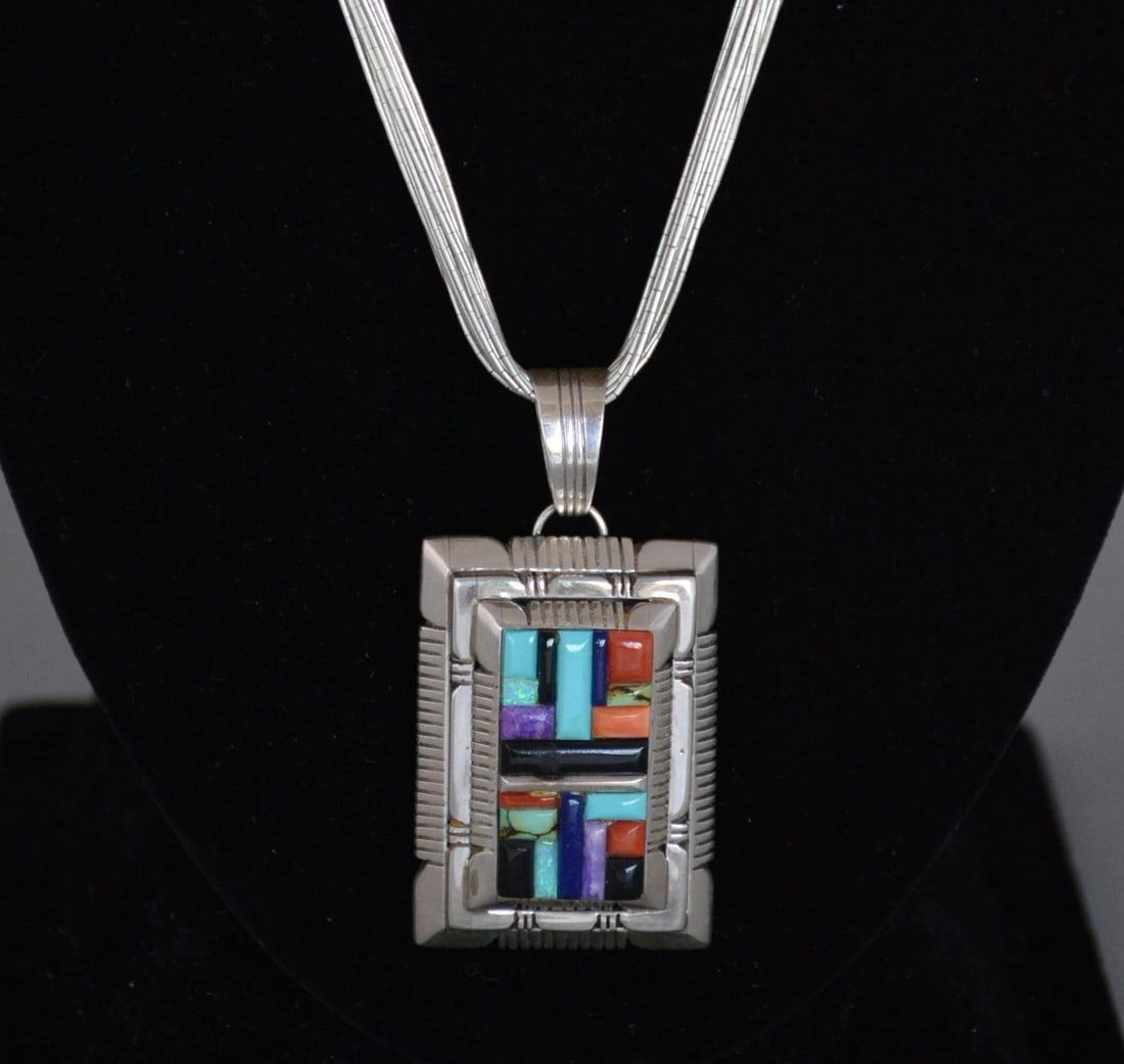 E. KEE - NAVAJO LG MOSAIC INLAY PENDANT ON 30" LIQUID SILVER 18 STRAND NECKLACE (1 of 2)