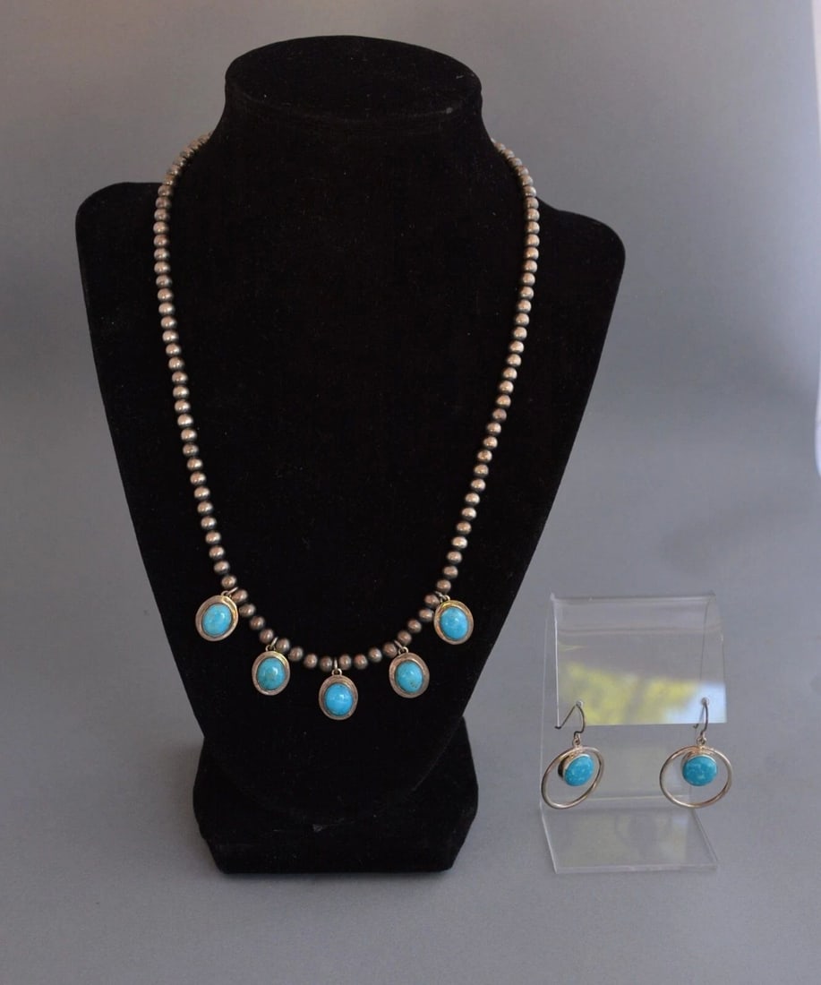 NAVAJO SILVER PEARL BEAD TURQUOISE NECKLACE 18" - 20" + EARRINGS - C. WEBSTER: NAVAJO SILVER PEARL BEAD TURQUOISE NECKLACE 18" - 20" + EARRINGS - C. WEBSTER This is a beautifully crafted Navajo silver turquoise necklace and earring set. The necklace has hand crafted Navajo silve