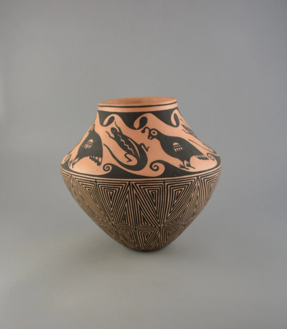 TINA GARCIA - FINE LINE ACOMA POT - QUAIL, LIZARDS, WATER SYMBOLS 8" (1 of 1)