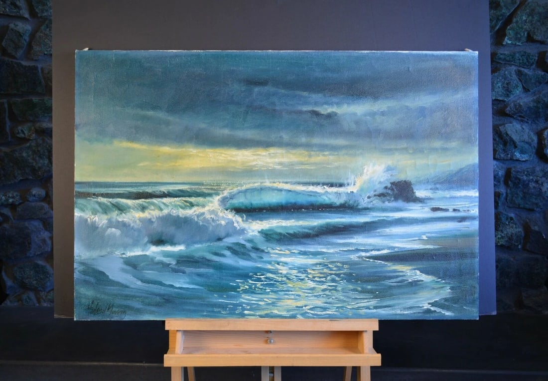 HARLAND YOUNG (1924-2015) OIL PAINTING CARMEL OR LAGUNA BEACH CA. SEASCAPE: HARLAND YOUNG (1924-2015) OIL PAINTING CARMEL OR LAGUNA BEACH CA. SEASCAPE Item Description: This vintage oil painting was done by California / Arizona artist Harland Young (1924-2015). It is oil on c