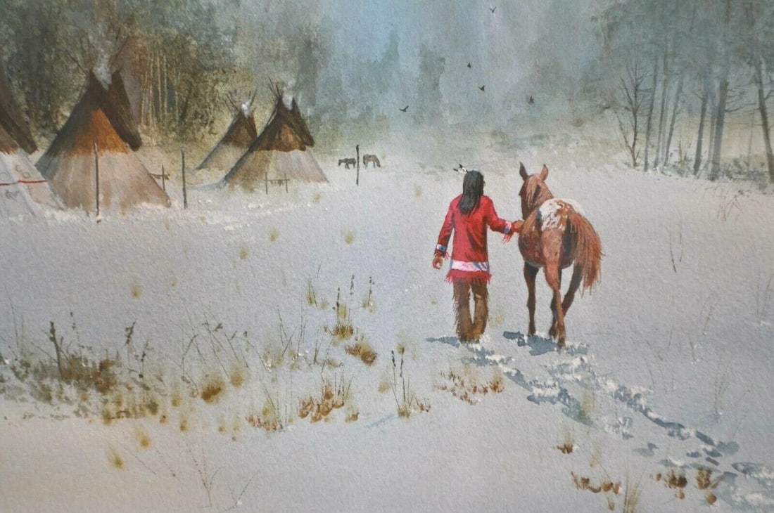 JAMES DARUM WATERCOLOR PAINTING - INDIAN WITH HORSE TEEPEE CAMP IN WINTER SNOW (1 of 2)