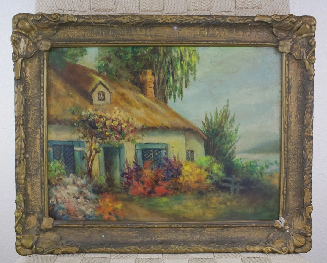 ANTIQUE PAINTING CIRCA EARLY 1900'S - THATCHED ROOF COTTAGE ..FLOWERS .. (1 of 1)