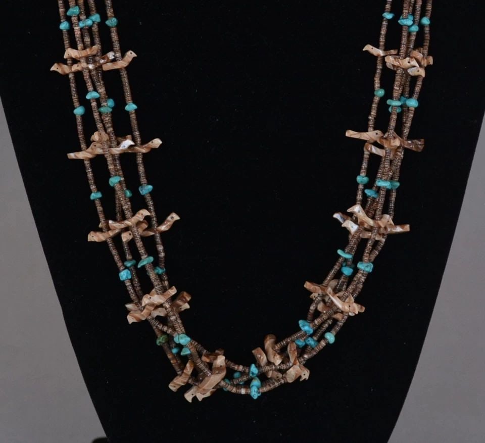 ZUNI 5 STRAND FETISH NECKLACE - TURQUOISE, FINE HEISHI, BIRDS - 27.5" - 31.5" (1 of 1)