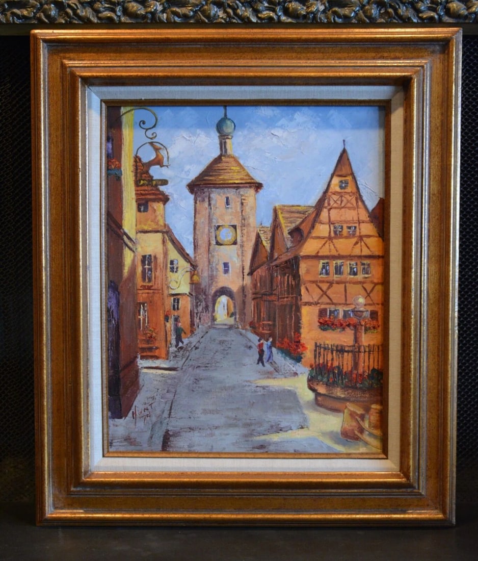 VINTAGE OIL PAINTING - ROTHENBURG ON THE TAUBER ROMANTIC RD. - HISTORIC BAVARIA: VINTAGE OIL PAINTING - ROTHENBURG ON THE TAUBER ROMANTIC RD. - HISTORIC BAVARIA This vintage oil painting shows the historic "Romantic Road" located in the historic town of Rothenburg on the Tauber Ri