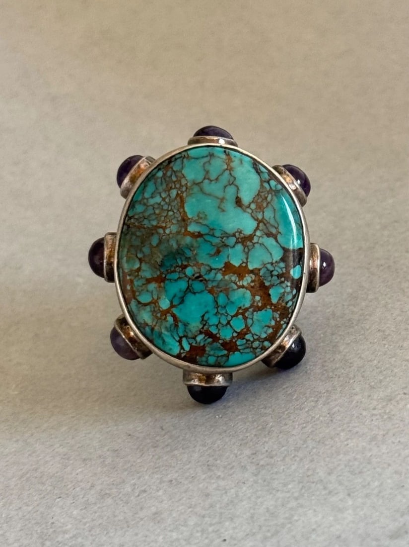 VINTAGE STERLING SILVER WITH TURQUOISE AND AMETHYST RING 1 1/4?? SIZE 9 3/4 (1 of 2)