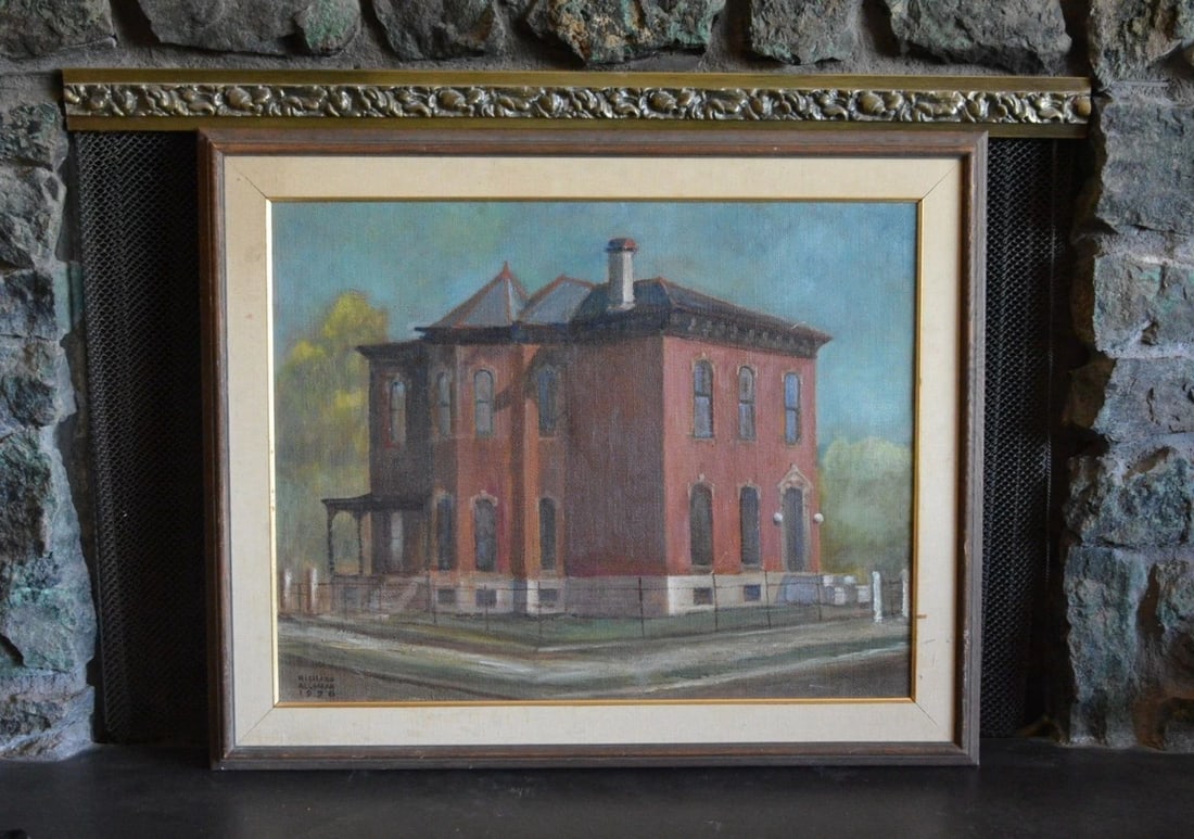 RICHARD ALLAMAN - VINTAGE OIL PAINTING HISTORIC RED BRICK BUILDING - 1976 FRAMED (1 of 2)