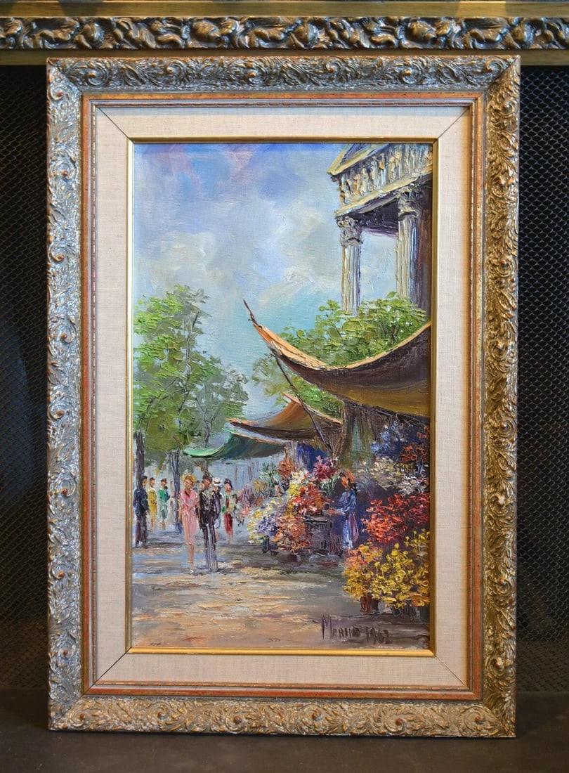 FRAMED COLORFUL VINTAGE PAINTING FRANCE FLOWER MARKET STREET SCENE - MARINO 1962 (1 of 1)