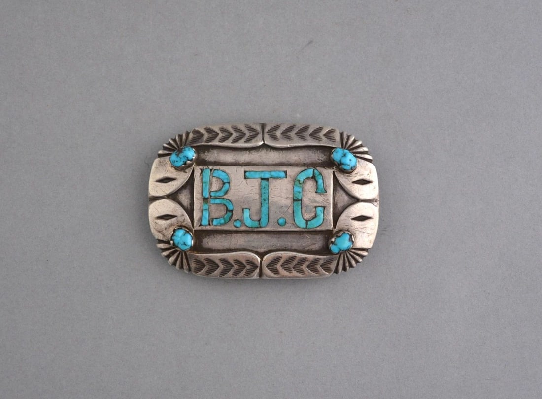 OLD PAWN NAVAJO STERLING SILVER HANDSTAMPED BUCKLE - TURQUOISE INLAY - 3" X 2": OLD PAWN NAVAJO STERLING SILVER HANDSTAMPED BUCKLE - TURQUOISE INLAY - 3" X 2" This old pawn Navajo sterling silver buckle shows some nice old silverwork. It measures 3" x 2". The edges are silver on 