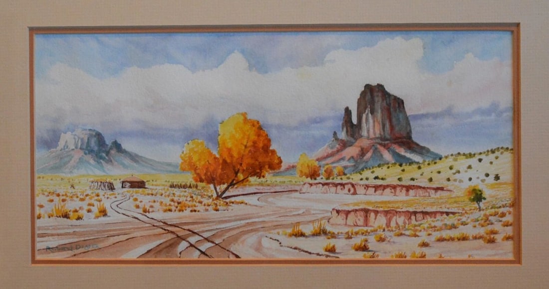 ROBERT DRAPER - NAVAJO ARTIST - WATERCOLOR PAINTING HOGAN SHIPROCK N.M. - AUTUMN: ROBERT DRAPER - NAVAJO ARTIST - WATERCOLOR PAINTING HOGAN SHIPROCK N.M. - AUTUMN This watercolor painting was done by Navajo artist Robert Draper (1938-2000). It shows an autumn landscape with the wel