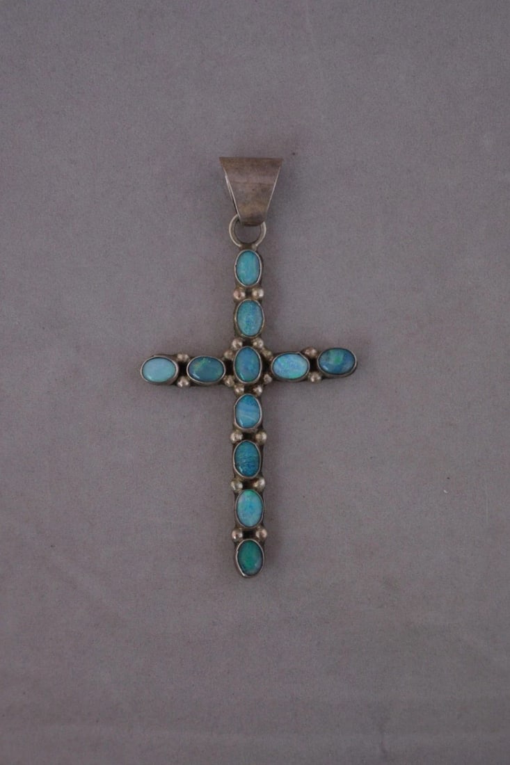 LARGE 3" VINTAGE NAVAJO STERLING SILVER CROSS PENDANT - OPAL STONES (1 of 2)