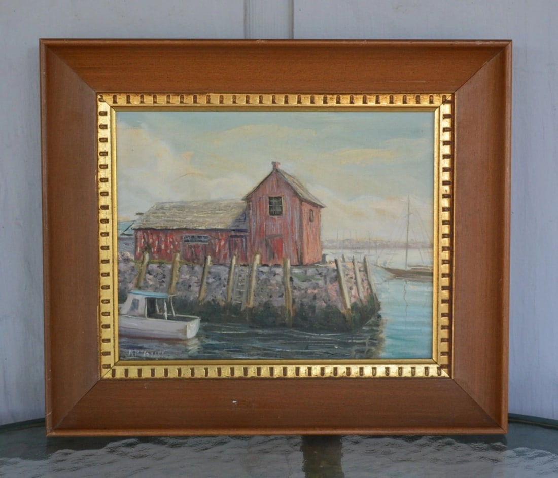 RAYMOND P. FRASER (1899-1979) - OIL PAINTING - BOAT DOCKED - ROCKPORT MA (1 of 2)