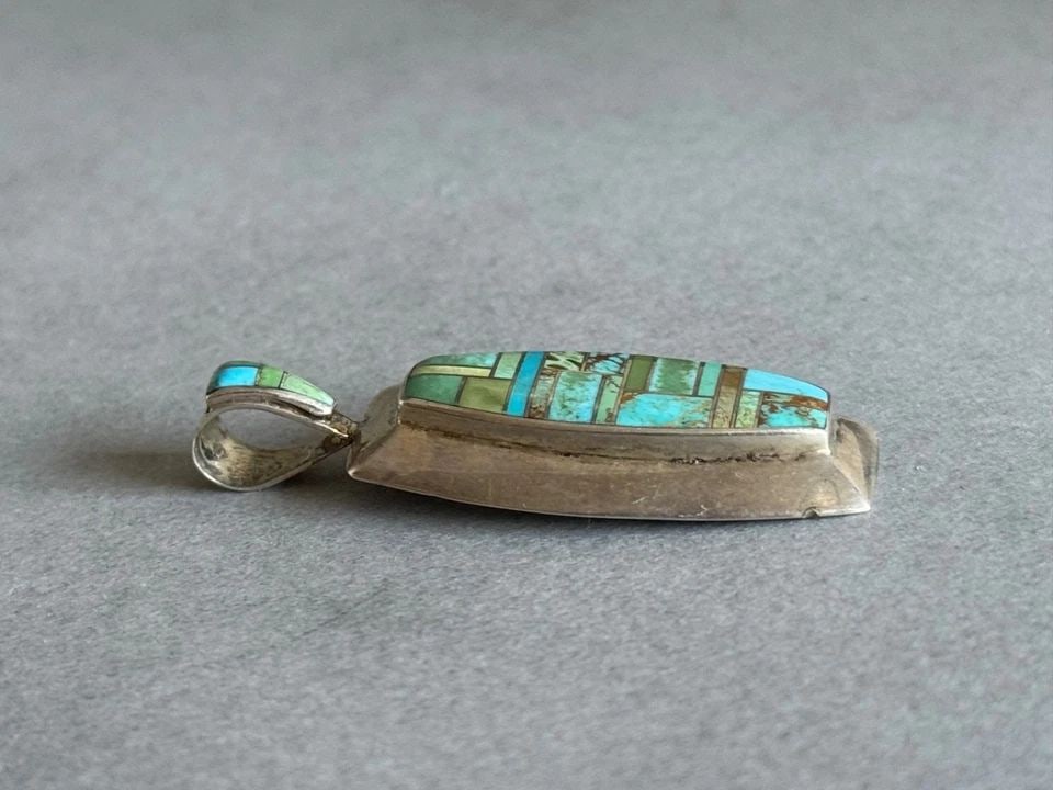 VINTAGE ZUNI STERLING SILVER WITH INLAID TURQUOISE MOSAIC PENDANT SIGNED (1 of 1)