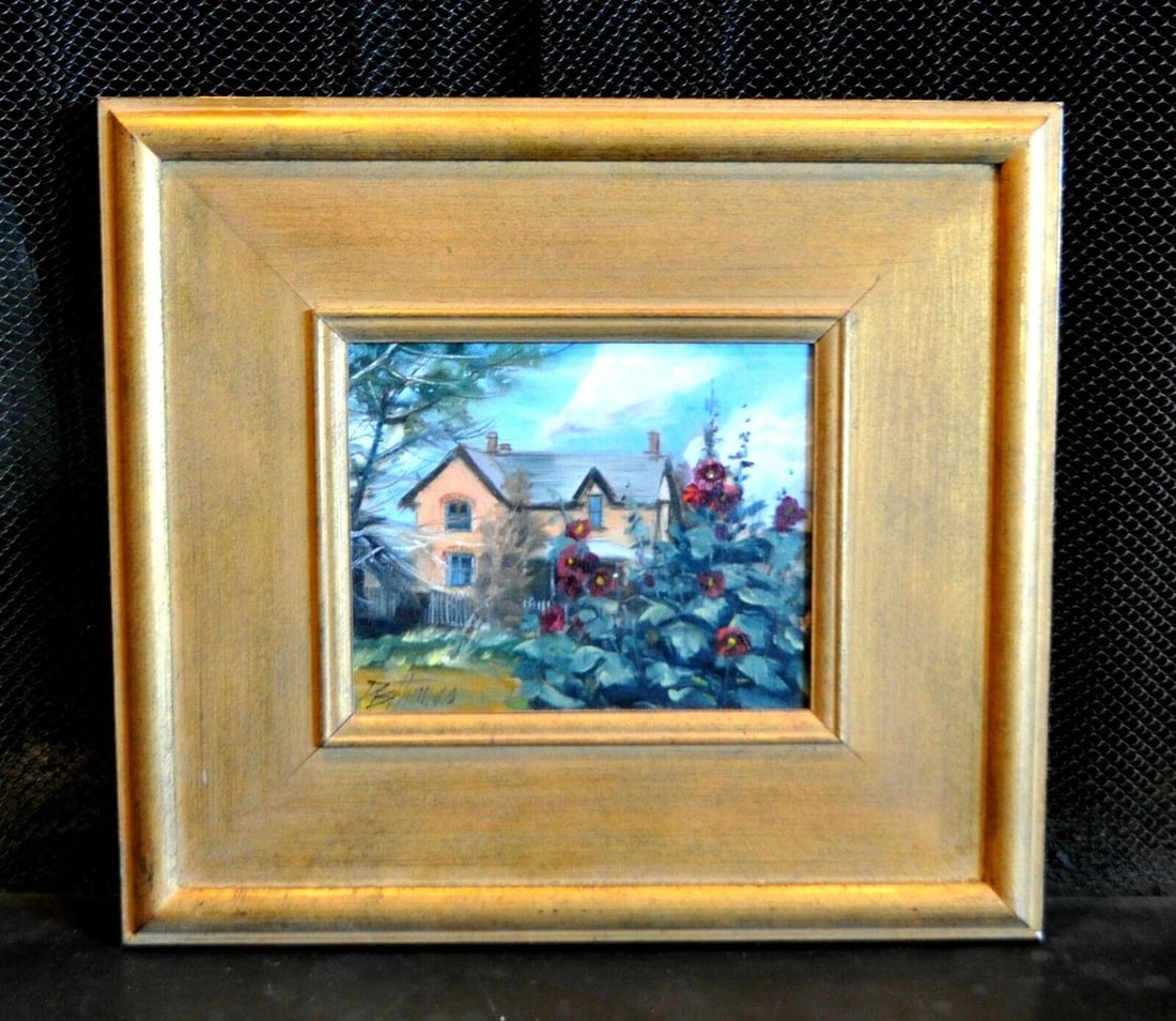 ORIGINAL PAINTING OF SOUTHWEST HOME WITH RED HOLLYHOCKS - DARRELL THOMAS (1 of 1)