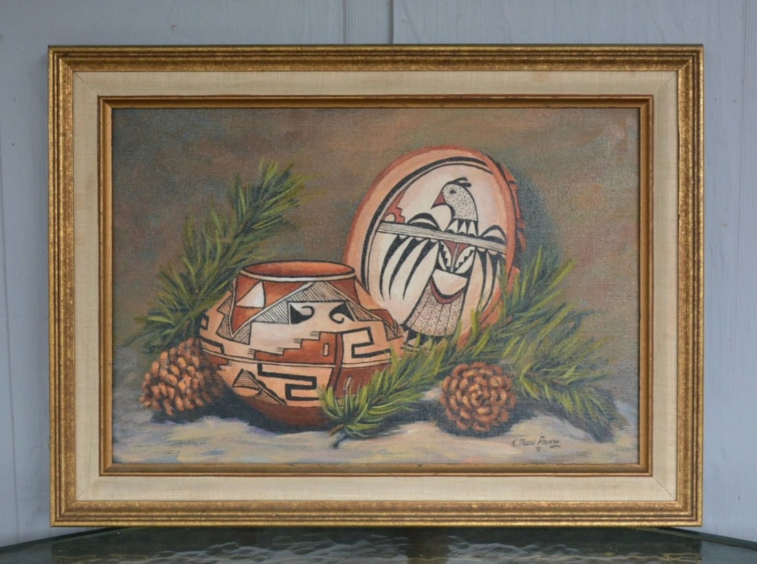 K TRAVIS POWERS - OIL PAINTING - ACOMA HOPI PUEBLO POTTERY - SANTA FE ARTIST (1 of 2)