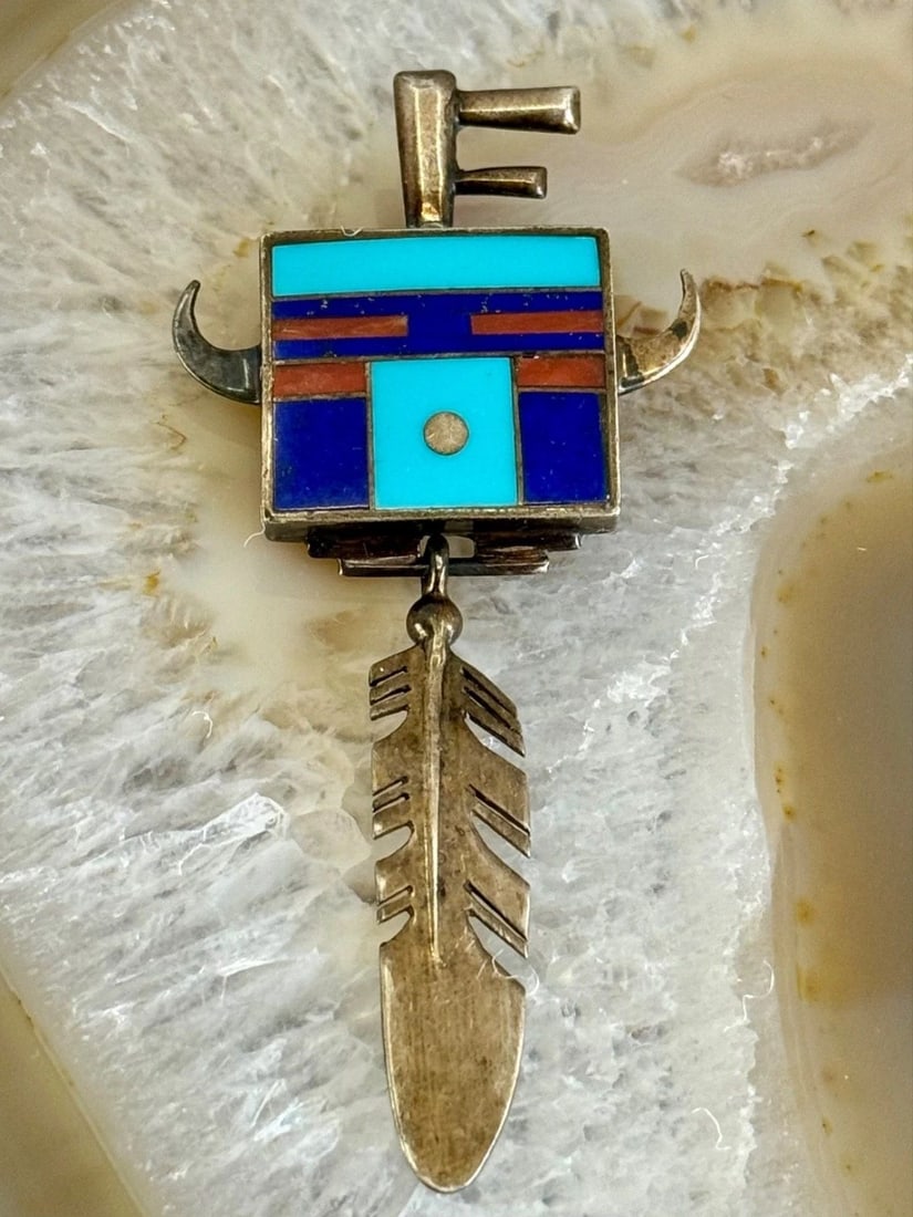 VINTAGE RAY TRACEY NAVAJO INLAID KACHINA HEAD STERLING SILVER PENDANT/BROOCH (1 of 2)