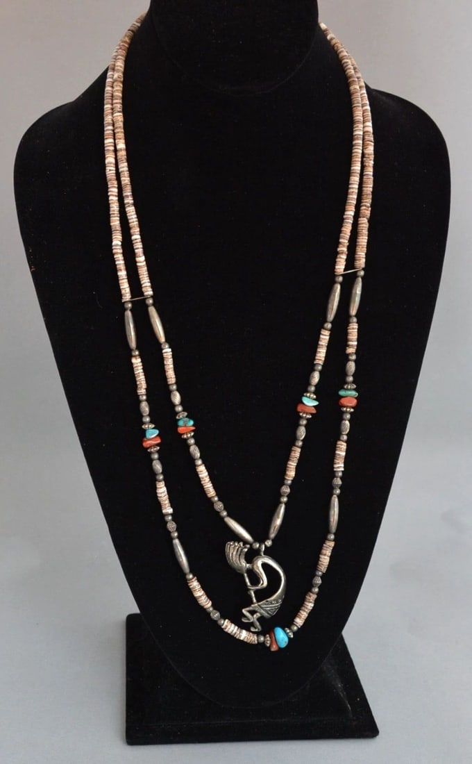 NAVAJO DOUBLE STRAND NECKLACE - CLAMSHELL HEISHI TURQUOISE CORAL & FLUTE PLAYER (1 of 1)
