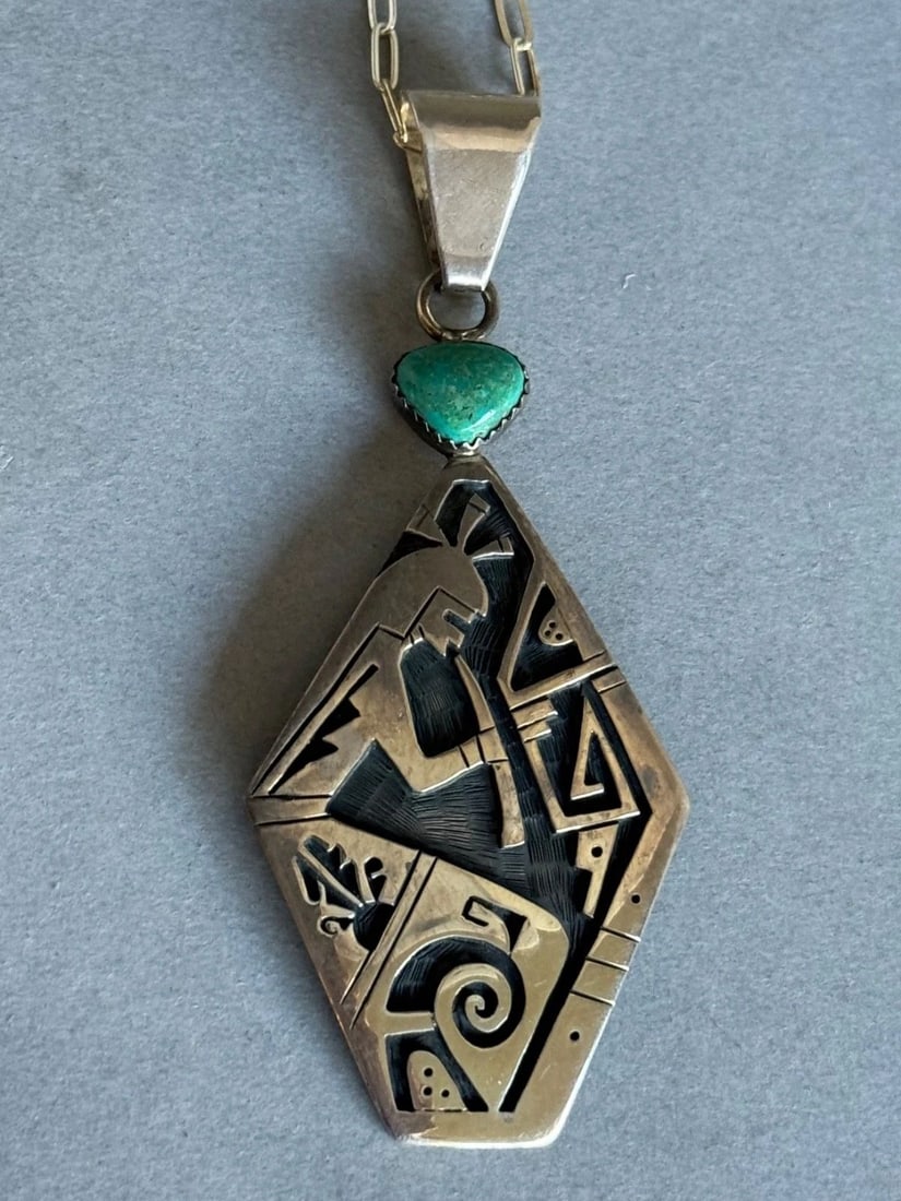 UNUSED HOPI STERLING SILVER WITH TURQUOISE KOKOPELLI PENDANT ON HANDMADE CHAIN (1 of 1)