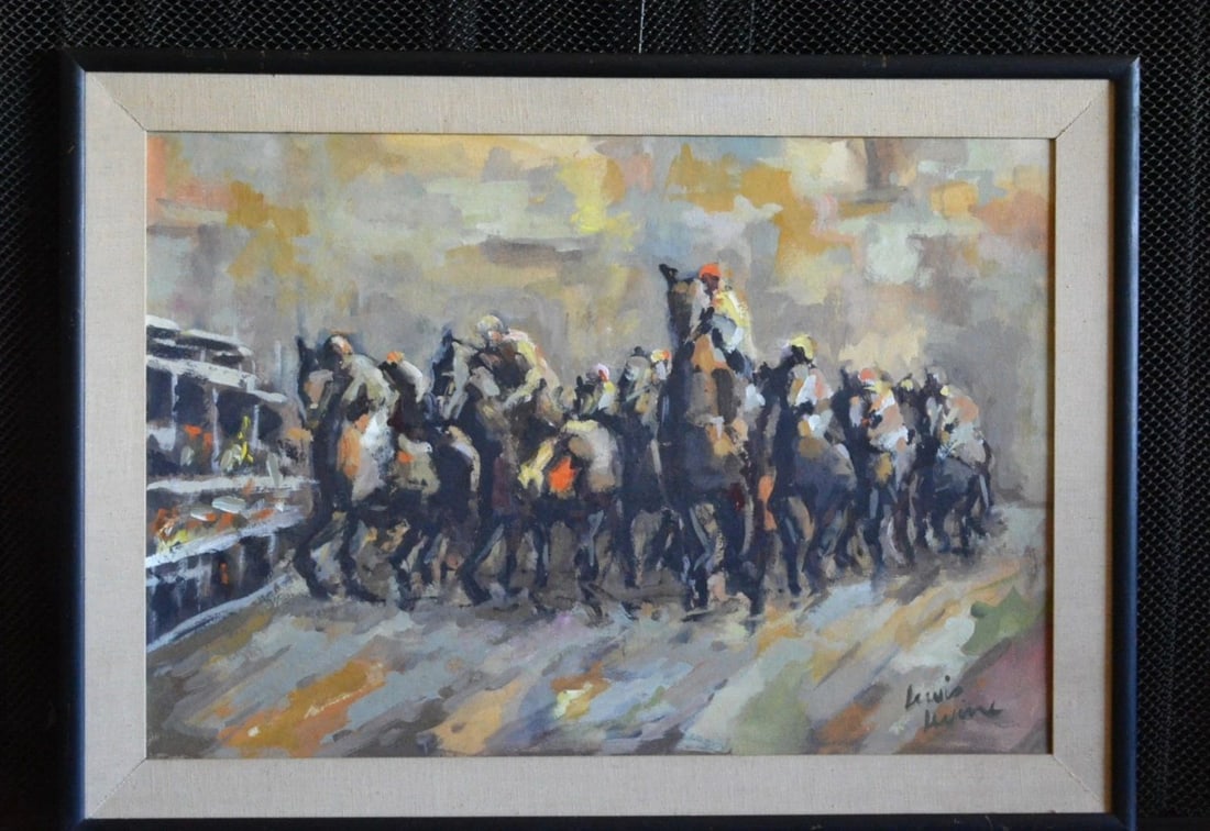LEWIS LEVINE - VINTAGE OIL PAINTING JOCKEYS RUNNING HORSES IN RACE AT RACETRACK (1 of 1)