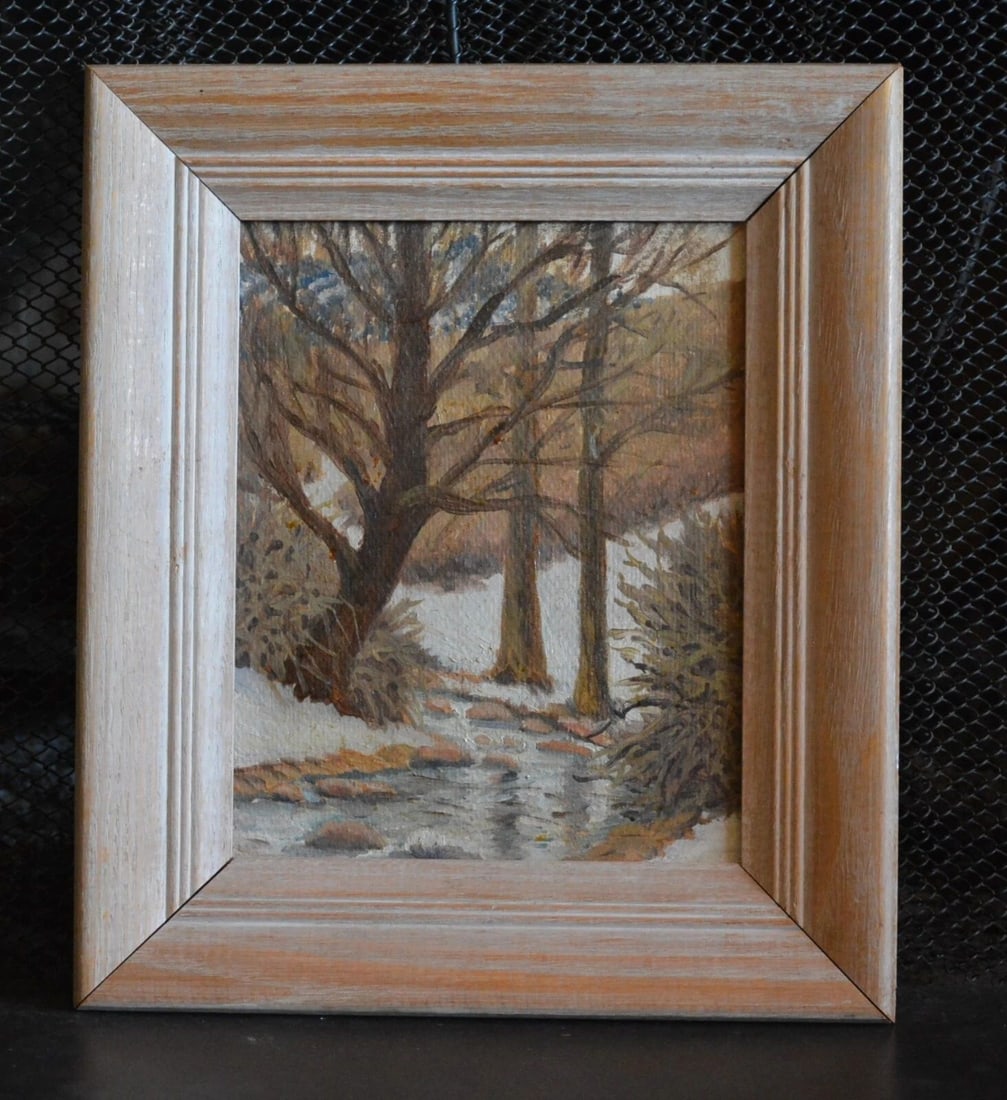 OIL PAINTING SNOWY WINTER WOODS BY STREAM - UTAH - MID-CENTURY (1 of 1)