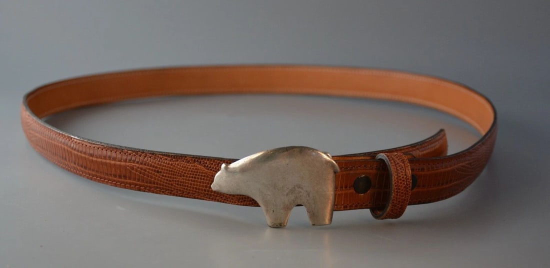 ALVIN THOMPSON -VTG. NAVAJO SILVER BEAR BELT BUCKLE ON CUSTOM LEATHER BELT 44" (1 of 1)