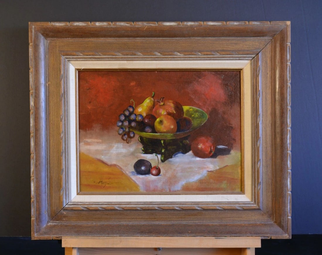 VINTAGE FRAMED STILL LIFE OIL PAINTING - DISH OF FRUIT - WARM REDS GOLDS (1 of 2)