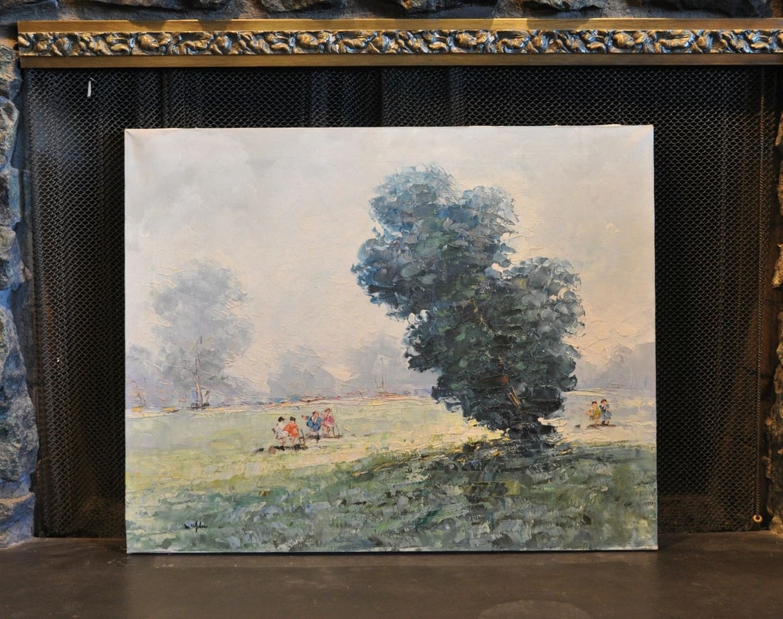 ORIGINAL IMPRESSIONIST PAINTING - CHILDREN PLAYING ON GRASS PARK FIELD & TREES (1 of 2)