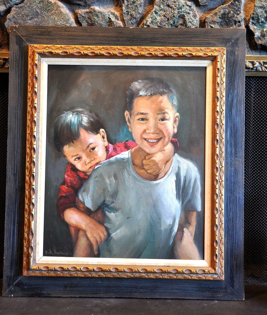 C. K. HAR - OIL PAINTING YOUNG CHINESE BOY WITH FATHER (1 of 1)