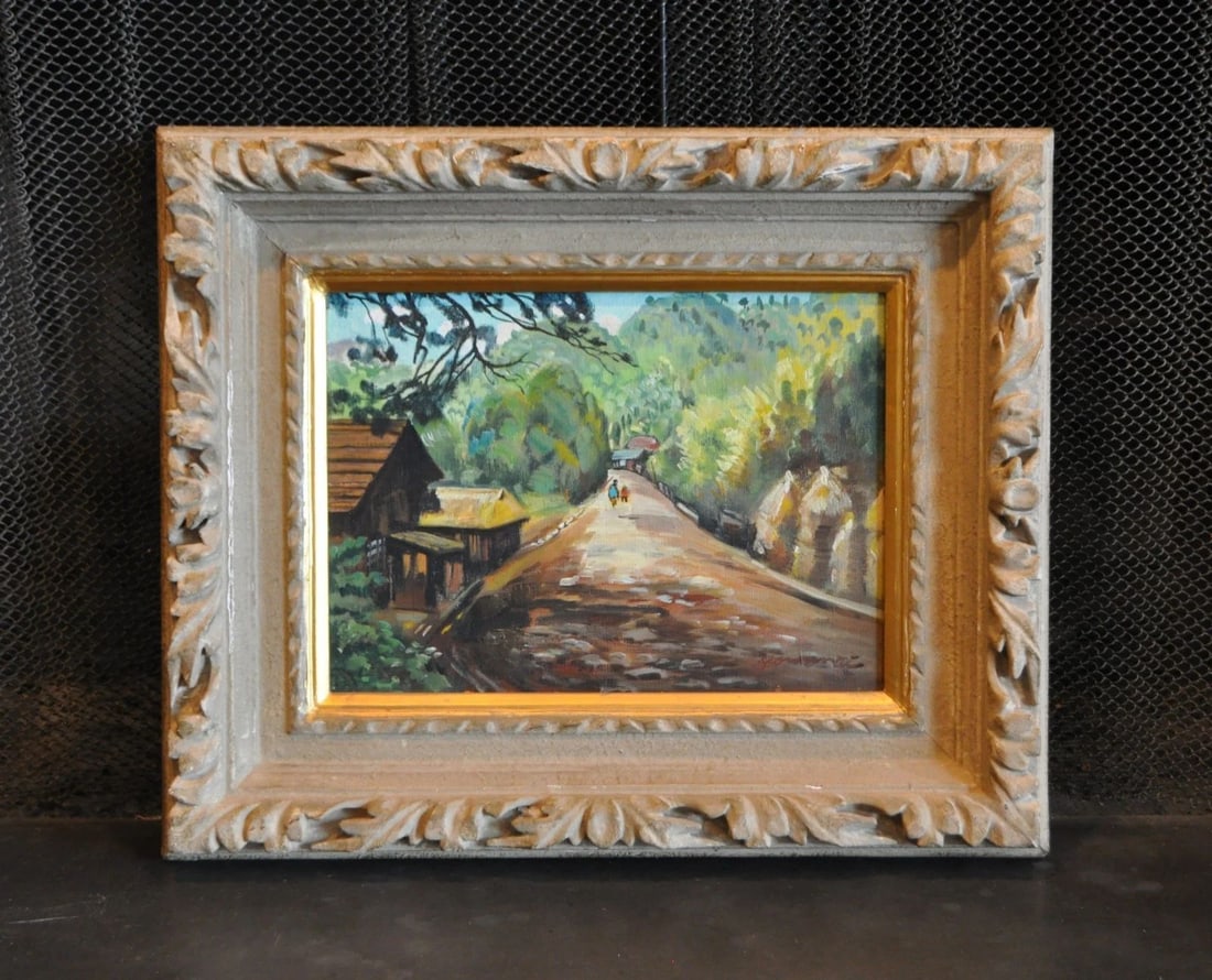 VINTAGE IMPRESSIONIST OIL PAINTING - COUNTRY ROAD VILLAGE LANDSCAPE (1 of 2)