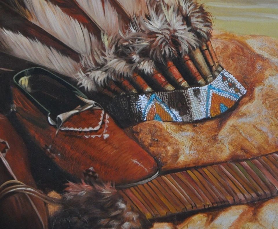 VTG STILL LIFE PAINTING INDIAN HEADRESS BEAR CLAW NECKLACE ON MESA - B. LORENZO: VTG STILL LIFE PAINTING INDIAN HEADRESS BEAR CLAW NECKLACE ON MESA - B. LORENZO Item Description: This very evocative vintage still life painting shows an Indian headdress, moccasins, bear claw neckla
